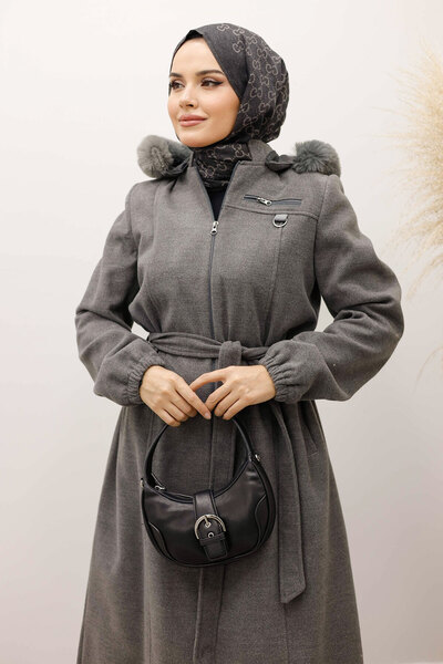 Tesettür Dünyası Zipper Detailed Cashmere Coat with Elasticated Sleeves Tsd250248 Gray