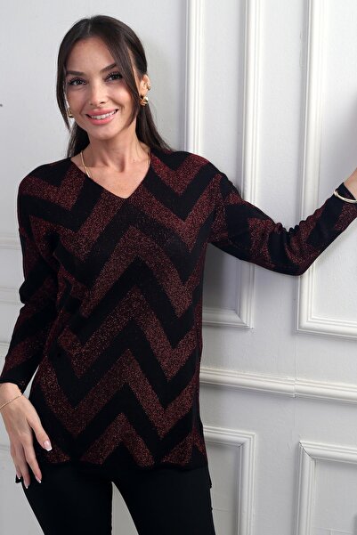 By Saygı Women's V-Neck Zigzag Patterned Plus Size Intermittent Glitter Blouse