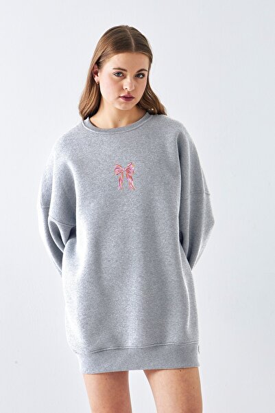 GIA - ART Γυναικείο φόρεμα oversized Sweat Pink Ribbon με τύπωμα Grey Melange...