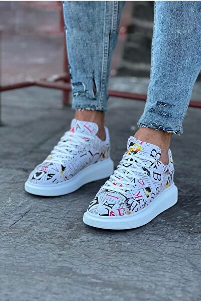 Lucy Shoes Yg501 Men's Casual Lace-Up Magazine Printed Volume Sports Sneaker Shoes Cbt - White