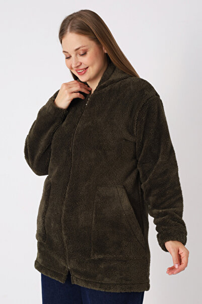 İntensive Khaki Women's Plus Size Soft Plush Sweatshirt with Hooded Zipper Pockets