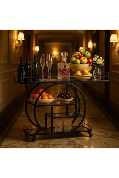 genric FFD Clear Glass Serving Cart - 3-Tier Rolling Bar Cart (Black, 120CM)