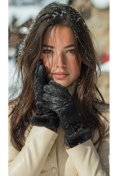 LAGRANZE Women's Quilted Bow Fur Detailed Faux Leather Gloves