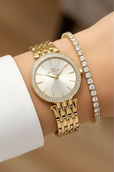 FERRO Altın Sarısı Çelik Bilezik Taşlı 3 ATM Su Geçirmez Kadın Kol Saati, Su Yolu Bileklik Hediyeli