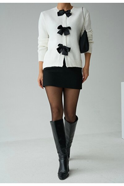 ossons Crew Neck Knitwear Cardigan with Bow Accessory