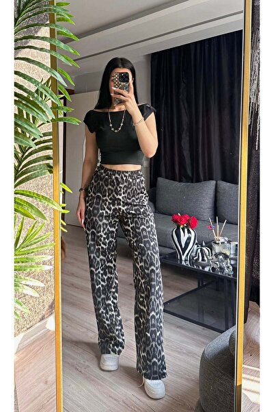 inci bayan giyim KADIN LEOPAR ŞERİTLİ PALAZZO ALT/SİYAHH