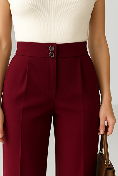 BEGBOR LİNGERİE Women's Burgundy High Waist Palazzo Pants – Straight Leg Classic Office & Casual Stylish Model