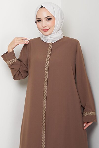 hafsamina Floral Embroidered Plus Size Ferace Brown Hm2844