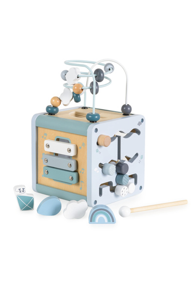 Moni Cub educational 4 in 1 din lemn Activity Cube Albastru cu sortator forme, angrenaje, labirint d
