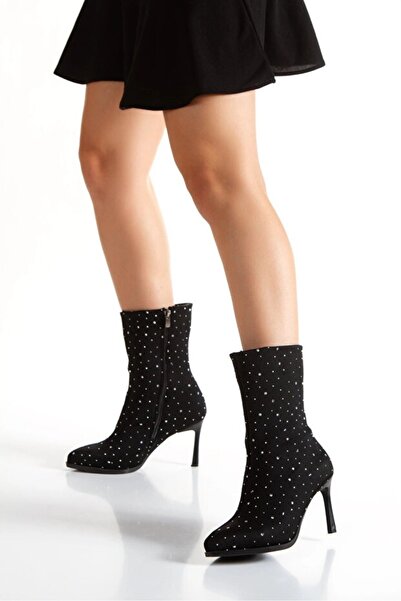 DARUGA حذاء نسائي أسود بكعب رفيع ونمط حجري أنيق مزود بسحاب