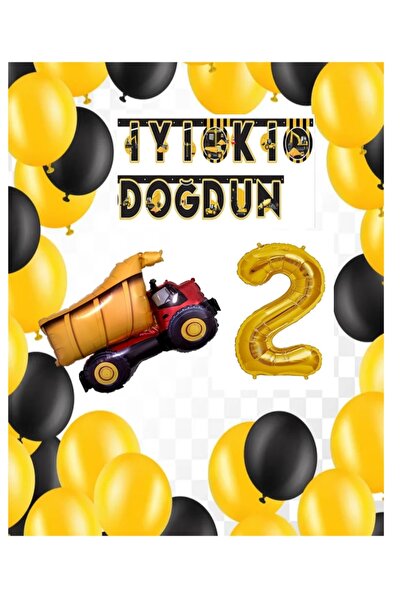 İSTOÇ PARTİ Construction Themed Birthday Banner Truck Balloon Set Gold Age 2