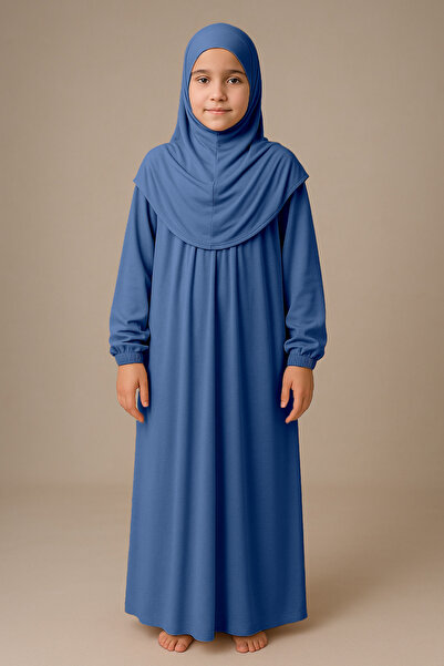 Sonbaharmoda Girls' Hijab Dress One-Piece Prayer Wear Plug-In Headscarf Cotton Elastic Sleeve