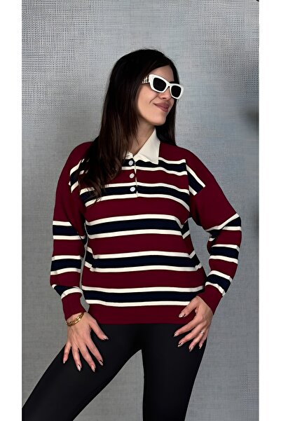 mahira collection Γυναικείο πλεκτό πουλόβερ με γιακά πόλο με ρίγες σε μαύρο μ...