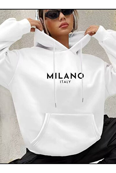 CLASSY.MODA Φούτερ Unisex με κουκούλα «MILANO ITALY» με τύπωμα oversized 3 Νή...