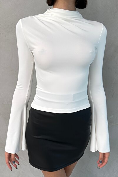 New Now Stand-Up Collar with Drawstring Detail Spanish Sleeve Blouse