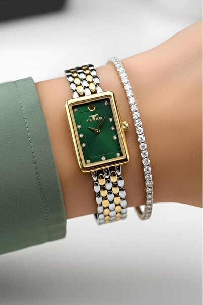 FERRO Altın/Metalik Çelik Bilezik Yeşil Kadran Taşlı Kadın Kol Saati, Su Yolu Bileklik Hediyeli