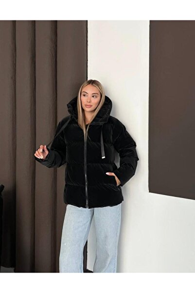 Marka Giyim Hooded Inflatable Shiny Coat Black