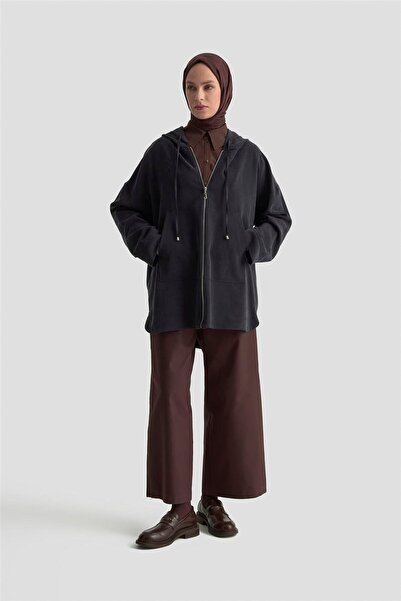 Armine Fermuar Detaylı Kapüşonlu Kap 25KD1125 Siyah