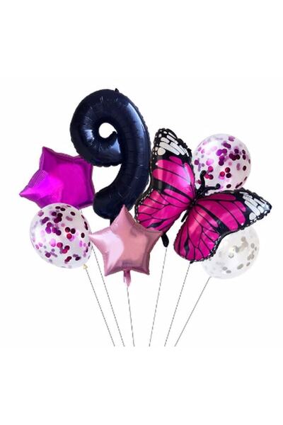 İSTOÇ PARTİ Pink Butterfly Star Balloon Foil Set Birthday Set Age 9