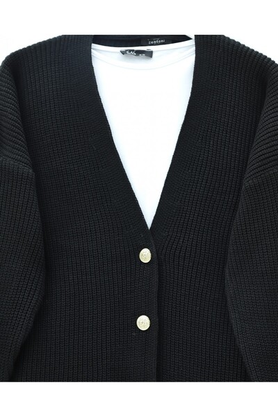 Modamorfo Gold Buttoned Casual Knit Cardigan - Black