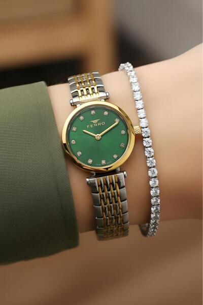FERRO Altın/Metalik Çelik Bilezik Yeşil Kadran Taşlı Kadın Kol Saati, Su Yolu Bileklik Hediyeli