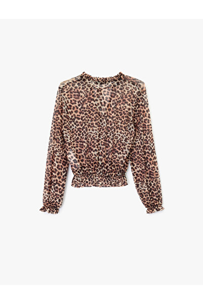 Koton Comfortable Fit Long Sleeve Gipeli Tie Neck Leopard Print Tulle Blouse