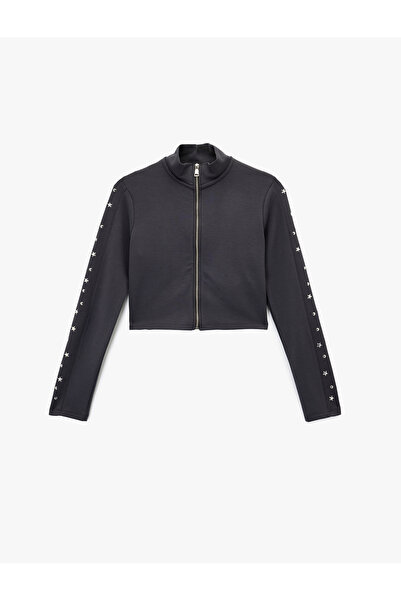 Koton Slim Fit Zippered Long Sleeve Mock Neck Star and Staple Detailed Crop Cardigan