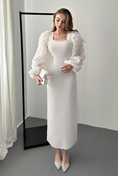 Elbee Fashion Woman Square neck dress with pearl detail and rose accents