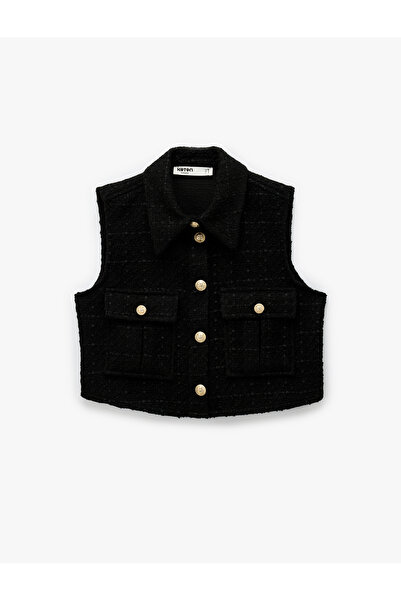 Koton Round Neck Buttoned Pocket Metal Accessory Detail Sleeveless Tweed Vest