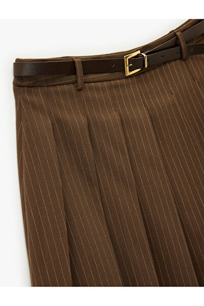 Koton Viscose Blend Belted Pleated Striped Mini Shorts Skirt