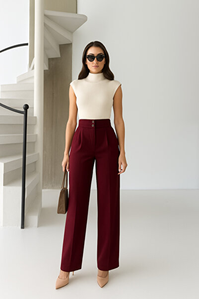 BEGBOR LİNGERİE Women's Burgundy High Waist Palazzo Pants – Straight Leg Classic Office & Casual Stylish Model