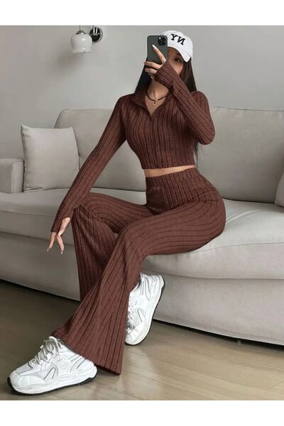 BİGÜMEX Front Zipper Short Top and Long Pants Set