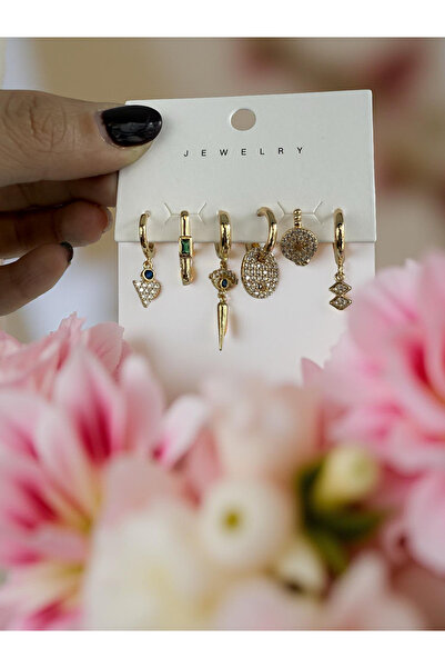 Bijouzel Altın Renk Yeşil Taş Detaylı 5’li Küpe Seti