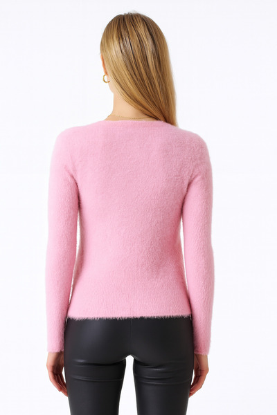 Minora Minoralady Women's Pink Crew Neck Soft Textured Bearded Thin Knitwear Cardigan