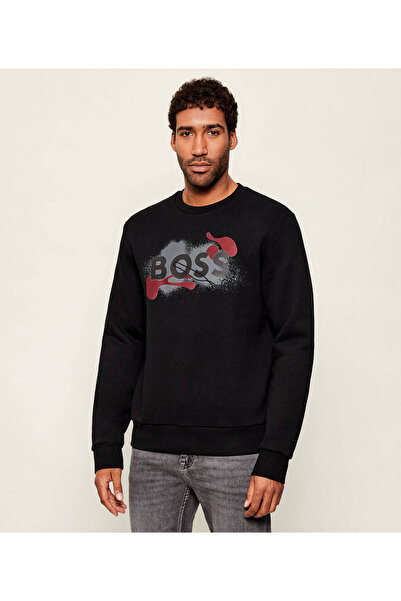 BOSS Erkek Normal Kalıp Logo Baskılı Yuvarlak Yakalı Uzun Kollu Siyah Sweatsh...