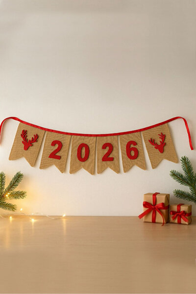 KAŞIKBEY New Year's Streamer Decorative Wicker Luxury Banner Felt 2026 Deer N...