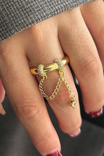 TAKIŞTIR Gold Color Stone Detailed Adjustable Ring with Dangle