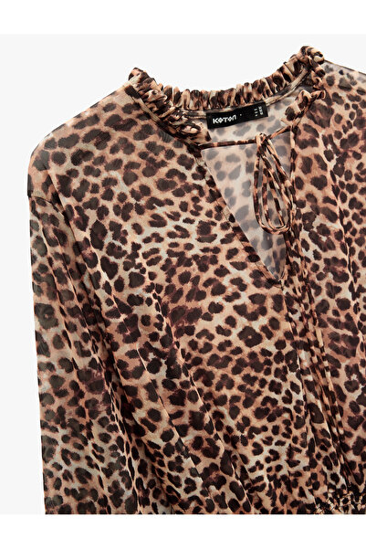 Koton Comfortable Fit Long Sleeve Gipeli Tie Neck Leopard Print Tulle Blouse