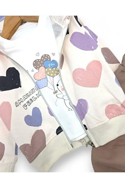Ege Bebek Heart Patterned Hooded Cardigan Baby Girl Tracksuit Set 3-Piece Set 6-9-12-18-24 Months L 100% Cotton