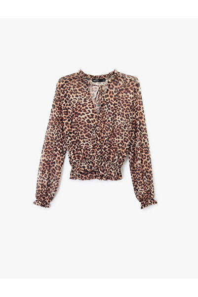 Koton Comfortable Fit Long Sleeve Gipeli Tie Neck Leopard Print Tulle Blouse