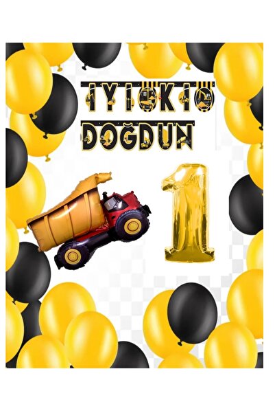 İSTOÇ PARTİ Construction Themed Birthday Banner Truck Balloon Set Gold Age 1