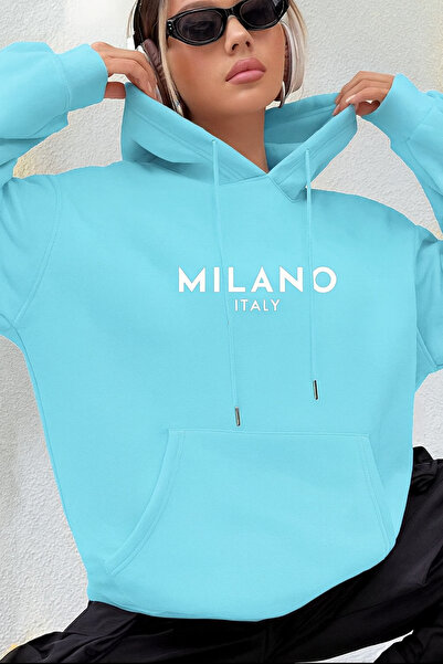 CLASSY.MODA Φούτερ Unisex με κουκούλα «MILANO ITALY» με τύπωμα oversized 3 Νή...