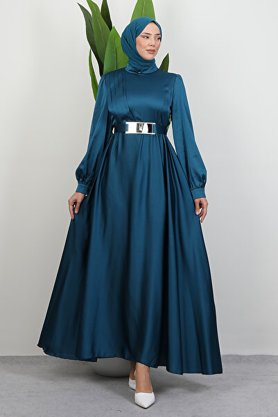 Lamia Giyim Önü Pileli Tesettür Abiye Petrol