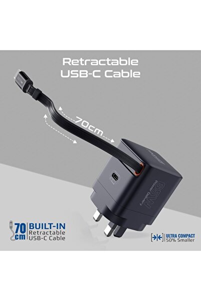 Promate 65W GaNFast Charger With USB-C Port, Built-In 65W Retractable Cable, Cubix-R65