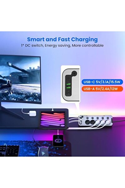 STOREMAX Bağımsız Anahtarlı 5'li Işıklı Akım Korumalı Çoklu Priz, 2x USB - 2x...