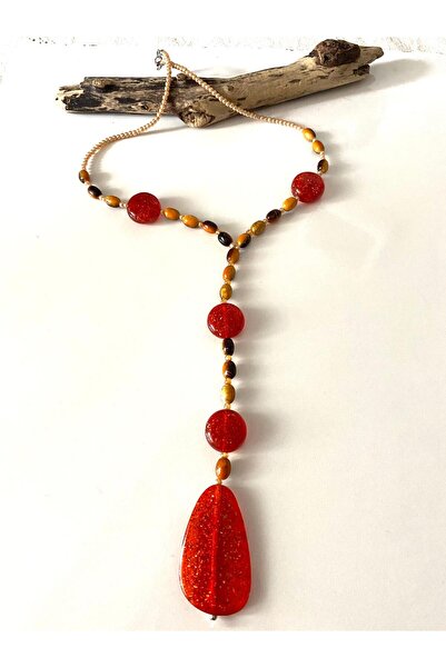 canan dizayn Bohem Silvery Red, Dark Brown Oval and Sand Beads Special Style Necklace