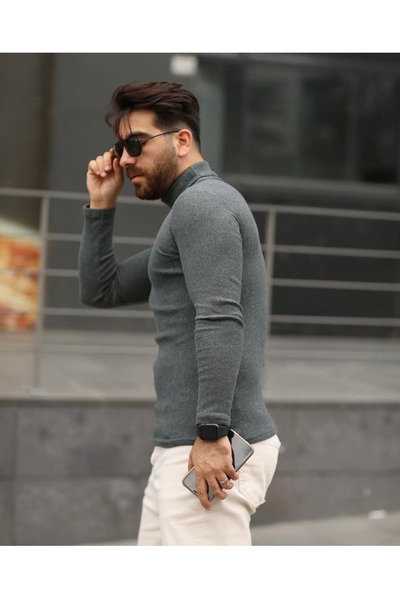 RANESA Γκρι πλέξη ριμπ Πουλόβερ με ζιβάγκο ελαστικό ύφασμα