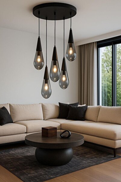 FERLUCE AVİZE CAMLI AVİZE DAMLA 4+1 SİYAH FUME