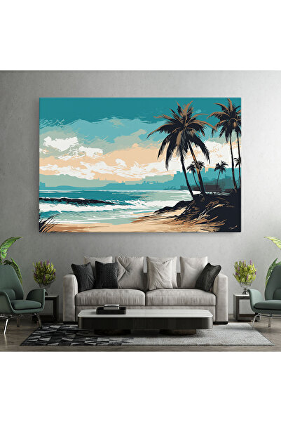 Arthub Canvas Painting, Bedroom And Living Room, Landscapes, Cream Blue Beach