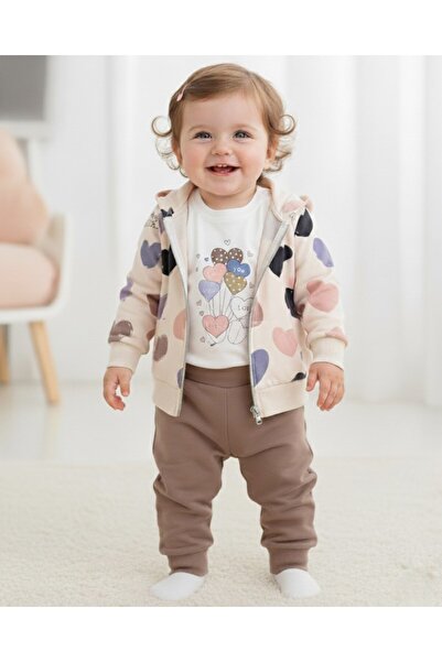 Ege Bebek Heart Patterned Hooded Cardigan Baby Girl Tracksuit Set 3-Piece Set 6-9-12-18-24 Months L 100% Cotton